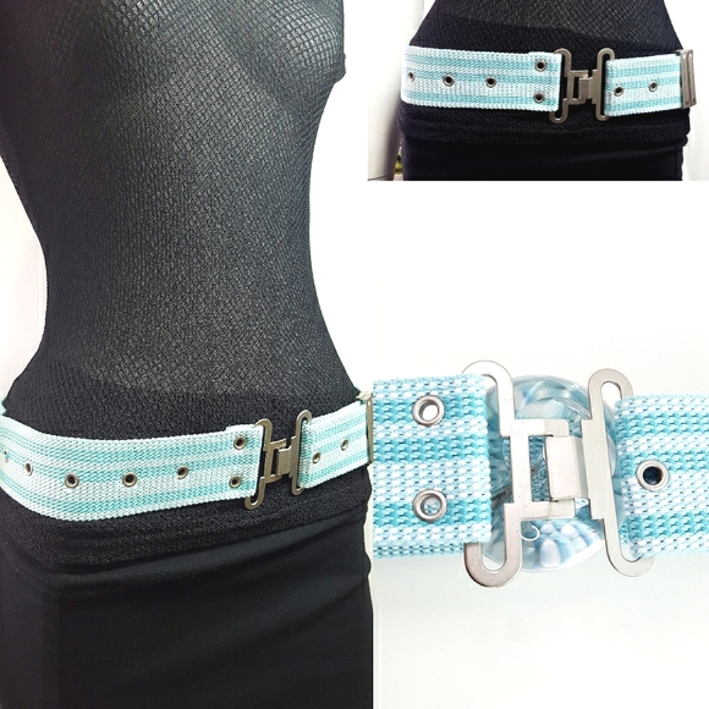 Unisex Web Belt💙 Blue Stripped Nylon Grommets Canvas | Metal Buckle